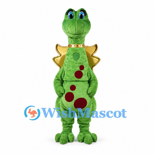 Dragon Mascot Costume in Green with Gold Spines and Red Belly Spots