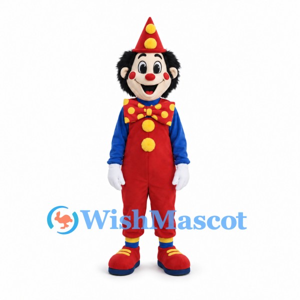 Clown Mascot Costume with Red Overalls and Yellow Polka Dots