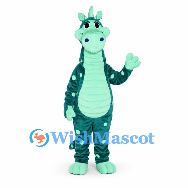 Dragon Mascot Costume in Teal with Pale Green Belly and Spots