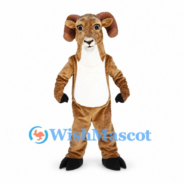 Ram Mascot Costume in Tan with Curled Horns and White Belly