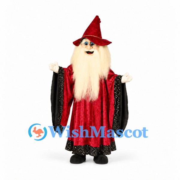 Wizard Mascot Costume with Red Robe and Long White Beard