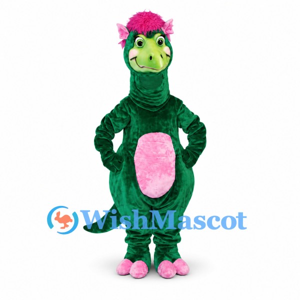 Dragon Mascot Costume in Green with Pink Hair and Belly