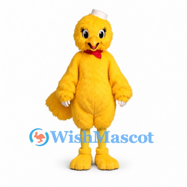 Canary Mascot Costume in Yellow with White Hat and Red Bow