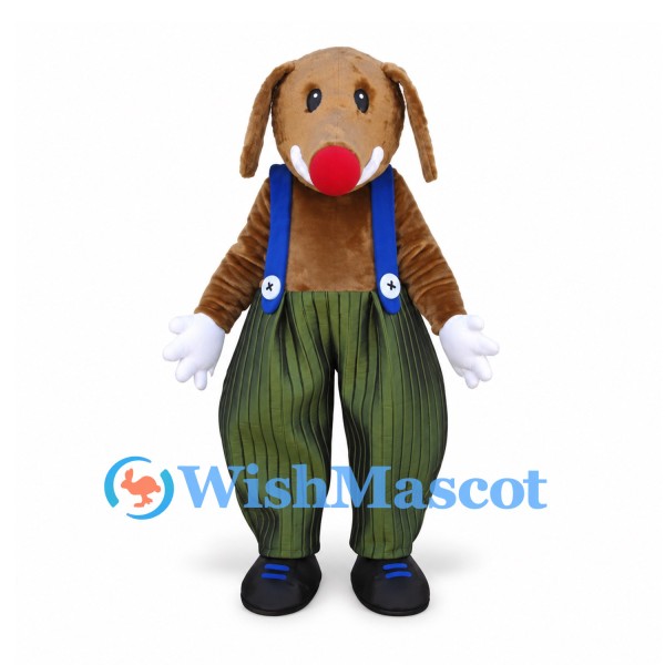 Dog Mascot Costume with Green Striped Pants and Blue Suspenders