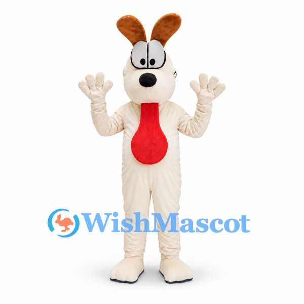 Dog Mascot Costume in Cream with Red Tongue and Brown Ears