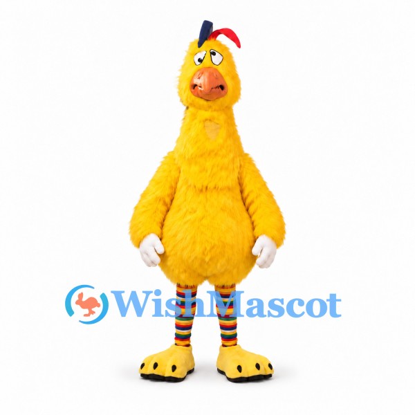 Chicken Mascot Costume in Yellow with Orange Beak and Striped Legs