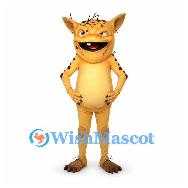 Monster Mascot Costume in Orange with Pointed Ears and Dark Spots
