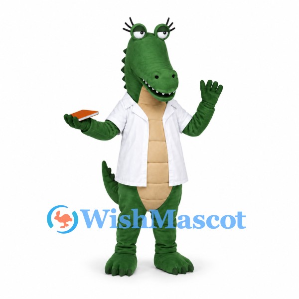 Crocodile Mascot Costume with White Lab Coat and Cream Belly