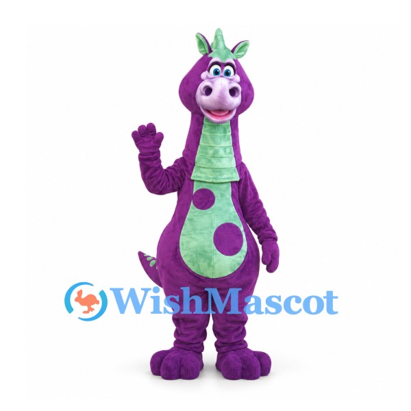 Dragon Mascot Costume in Purple with Green Belly and Spots