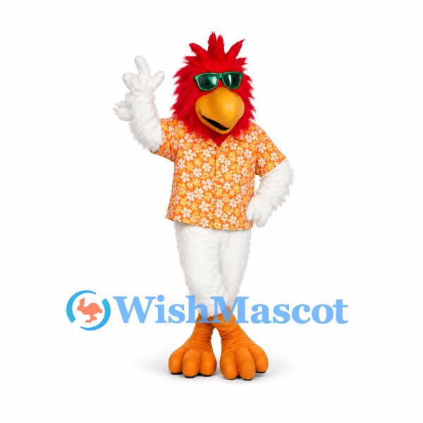 Rooster Mascot Costume with Orange Floral Shirt and Sunglasses