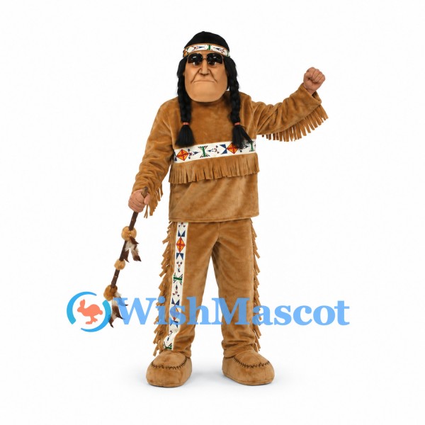 Warrior Mascot Costume with Tan Fringed Outfit and Headband