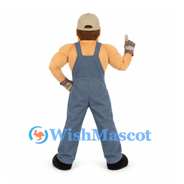 Builder Mascot Costume with Blue Overalls and Gray Cap