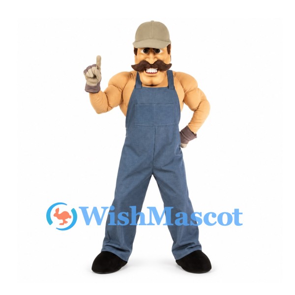 Builder Mascot Costume with Blue Overalls and Gray Cap