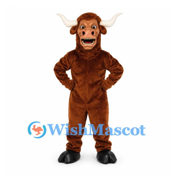 Bull Mascot Costume in Brown with Long White Horns