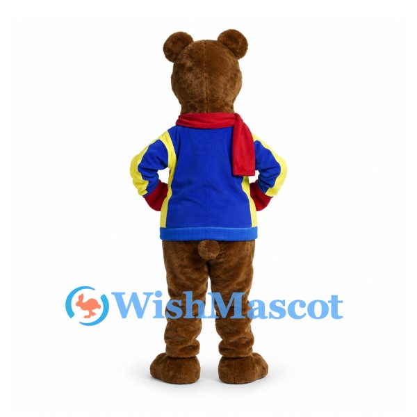 Bear Mascot Costume with Blue Yellow Jacket and Red Scarf