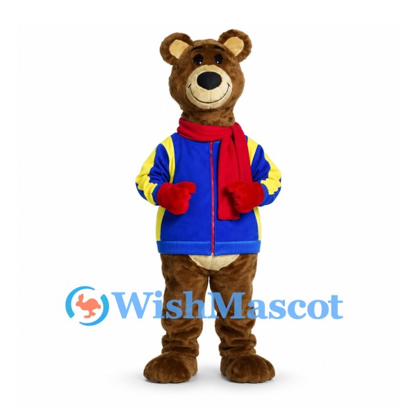 Bear Mascot Costume with Blue Yellow Jacket and Red Scarf