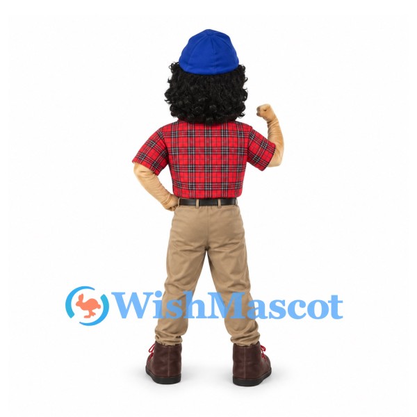 Lumberjack Mascot Costume with Red Plaid Shirt and Blue Knit Cap