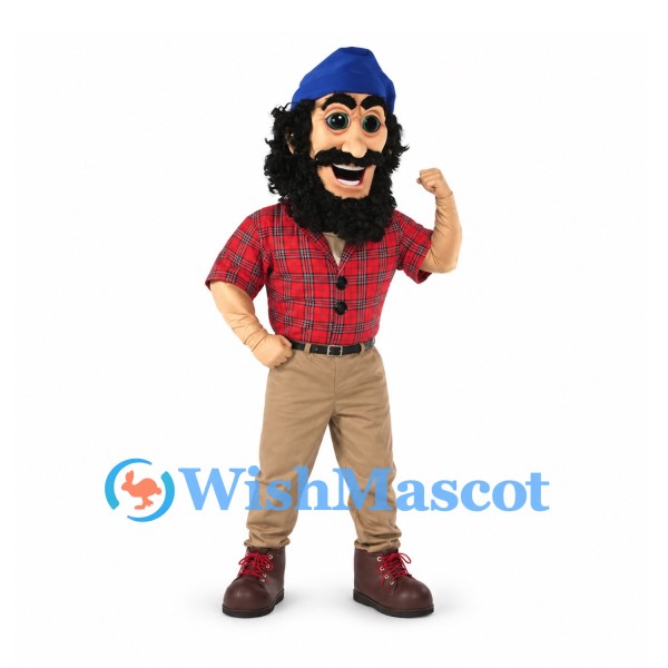 Lumberjack Mascot Costume with Red Plaid Shirt and Blue Knit Cap
