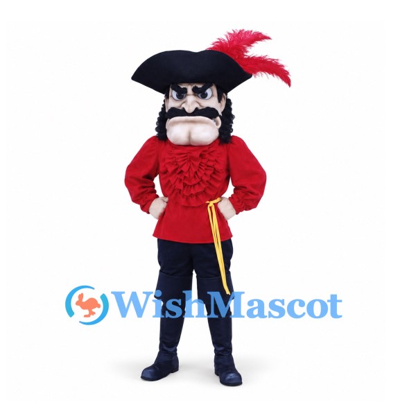Pirate Captain Mascot Costume with Red Coat and Feathered Hat