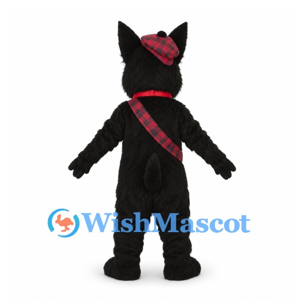 Scottish Terrier Mascot Costume with Red Tartan Sash and Cap