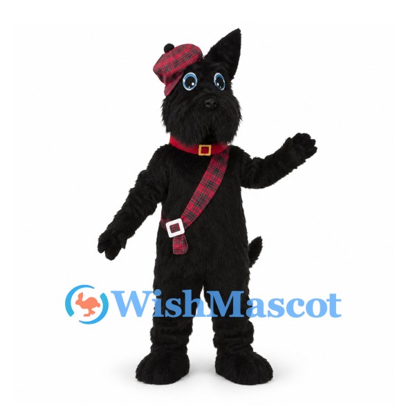 Scottish Terrier Mascot Costume with Red Tartan Sash and Cap