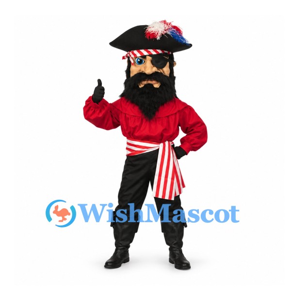 Pirate Mascot Costume with Red Shirt and Striped Sash