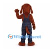 Dog Mascot Costume with Navy Overalls and Red Patch