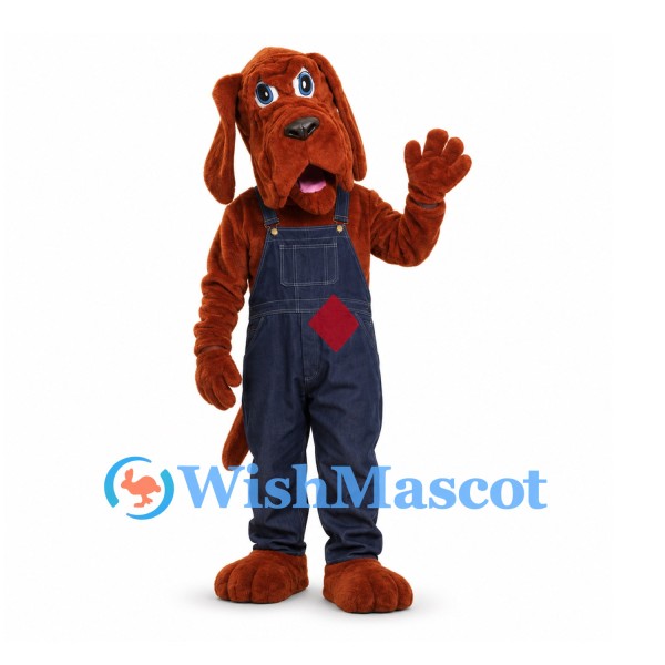 Dog Mascot Costume with Navy Overalls and Red Patch
