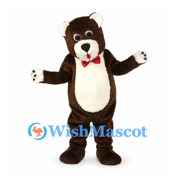 Bear Mascot Costume in Brown with White Belly and Red Bow