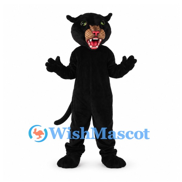 Black Panther Mascot Costume with Open Mouth and Long Tail