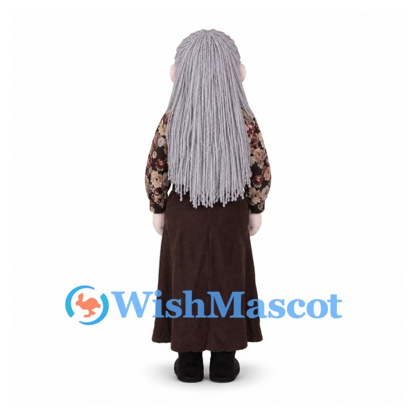 Grandmother Mascot Costume with Long Gray Hair and Floral Blouse