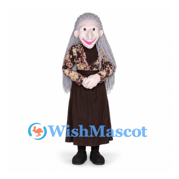 Grandmother Mascot Costume with Long Gray Hair and Floral Blouse