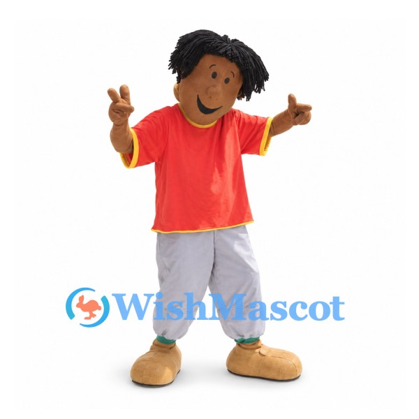 Boy Mascot Costume with Red Shirt and Gray Pants