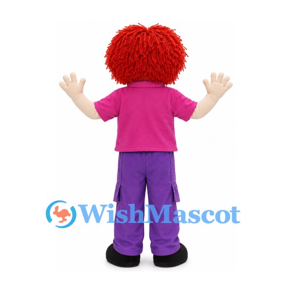 Boy Mascot Costume with Red Curly Hair and Pink Shirt
