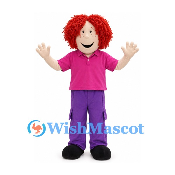 Boy Mascot Costume with Red Curly Hair and Pink Shirt