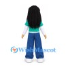 Girl Mascot Costume with Long Black Hair and Teal Shirt