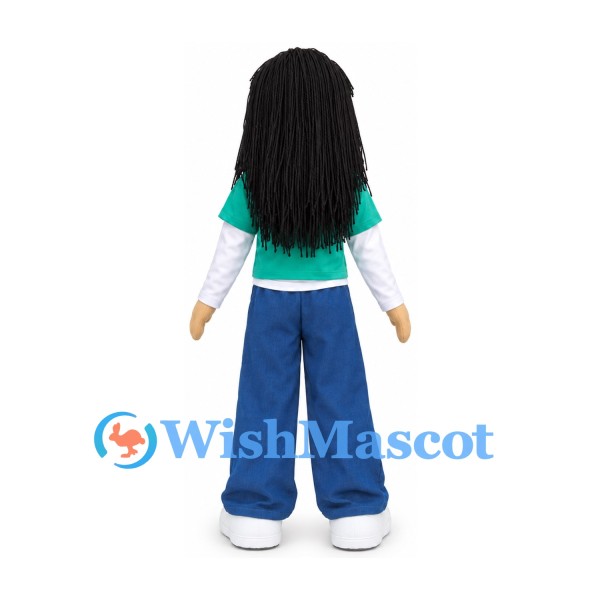 Girl Mascot Costume with Long Black Hair and Teal Shirt
