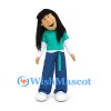 Girl Mascot Costume with Long Black Hair and Teal Shirt