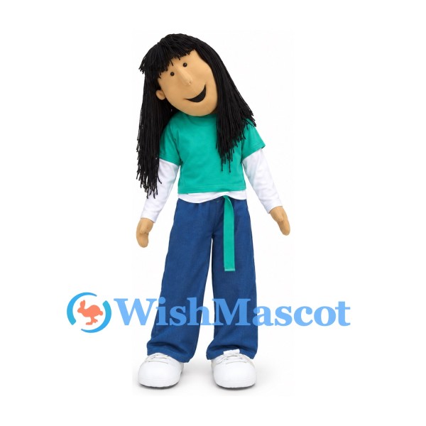 Girl Mascot Costume with Long Black Hair and Teal Shirt
