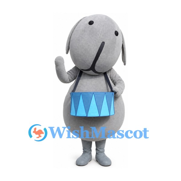 Elephant Mascot Costume in Gray with Blue Drum
