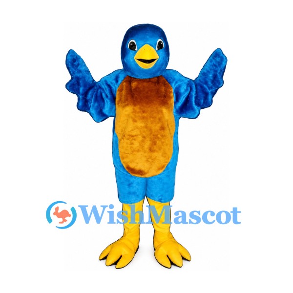 Blue Bird Mascot Costume with Orange Belly and Yellow Feet