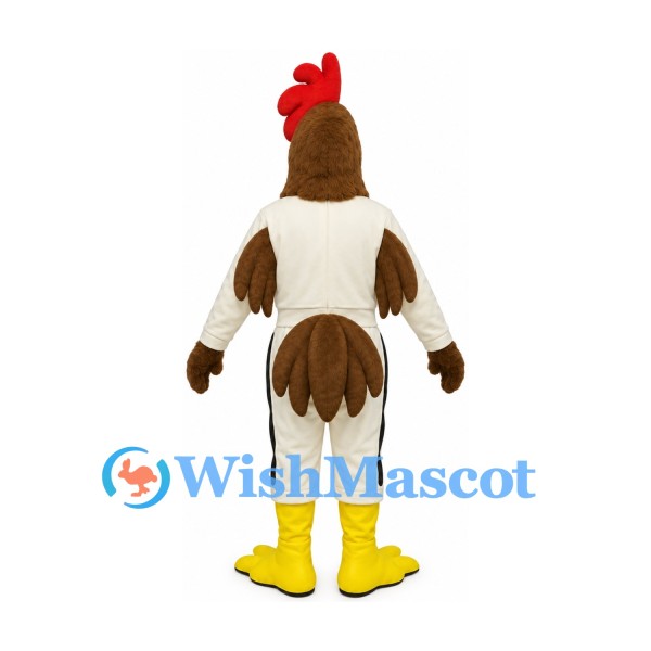 Rooster Mascot Costume in White and Brown with Red Comb