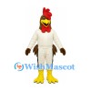 Rooster Mascot Costume in White and Brown with Red Comb