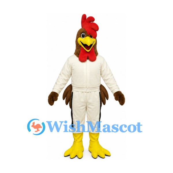 Rooster Mascot Costume in White and Brown with Red Comb