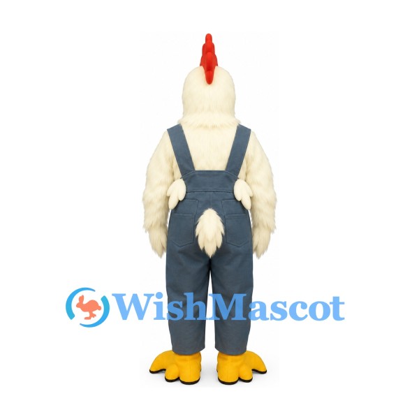 Chicken Mascot Costume with Blue Overalls and Red Comb