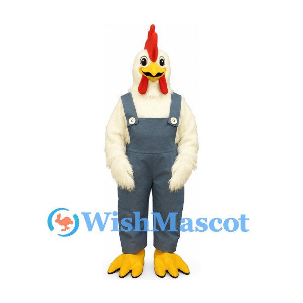Chicken Mascot Costume with Blue Overalls and Red Comb