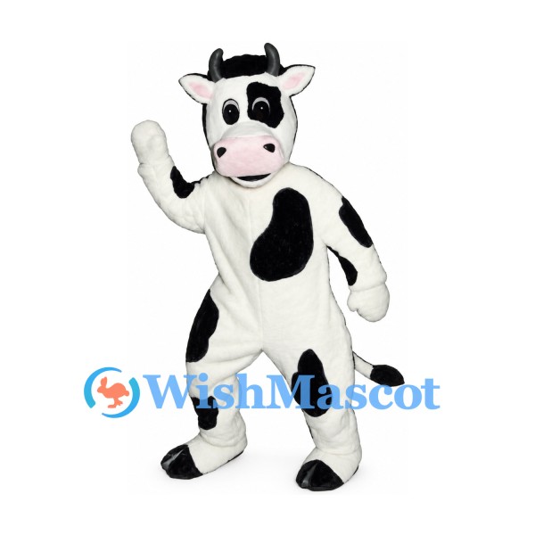 Cow Mascot Costume in White with Black Patches and Pink Muzzle