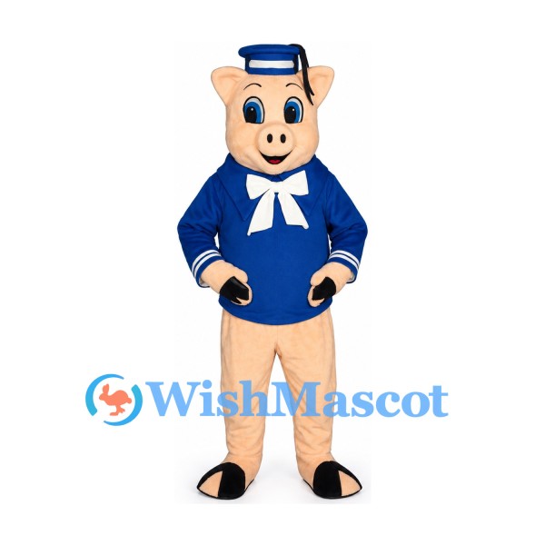 Pig Sailor Mascot Costume with Blue Uniform and Cap