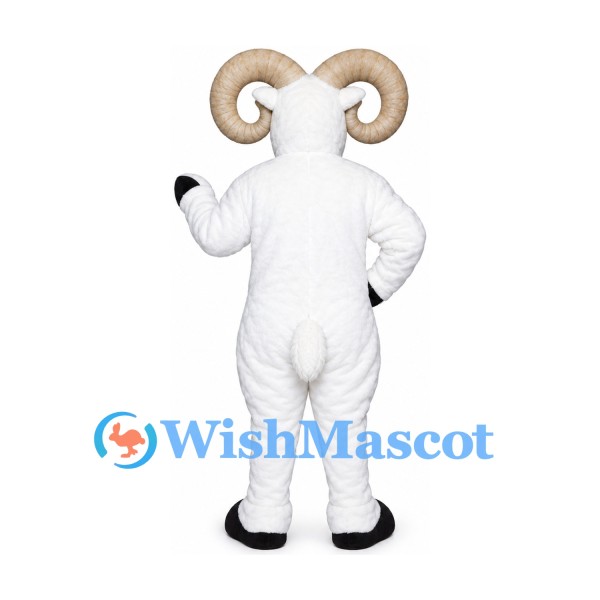 Ram Mascot Costume in White with Cream Curled Horns