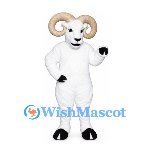Ram Mascot Costume in White with Cream Curled Horns
